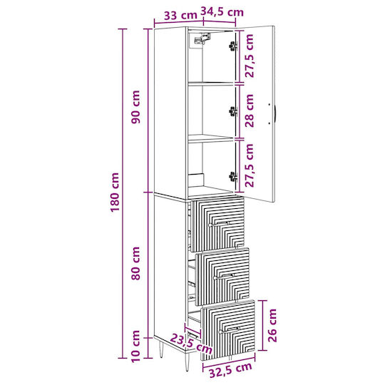 vidaXL Bathroom Column Cabinet Wall Hung M33xD34.5xH90cm Sonoma