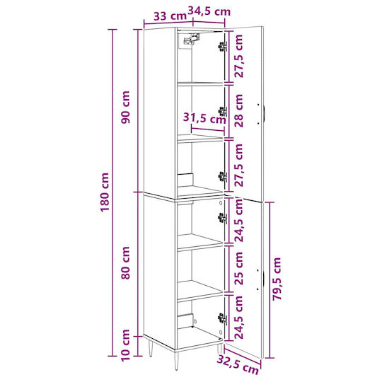 vidaXL Bathroom Column Wall Hung Cabinet 33x34.5x89.5 cm Brown