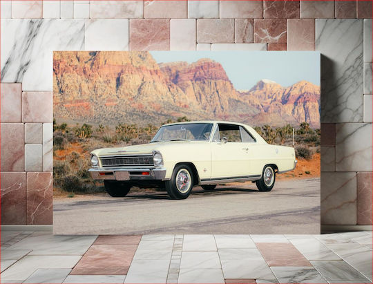 Vintage Car In Desert Landscape Vintage Αυτοκίνητο Στο Τοπίο Της Ερήμου σε Καμβά