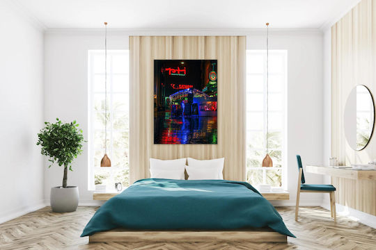 City Night Neon Reflections Αντανάκλαση Νέον Νύχτας Πόλης σε Καμβά