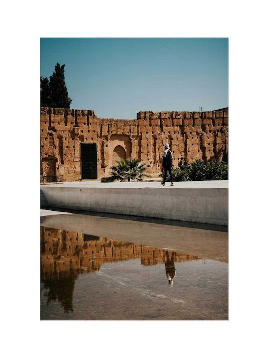 iLovePrints Gemälde Person Walking By Ancient Wall Reflection In Water 80x120