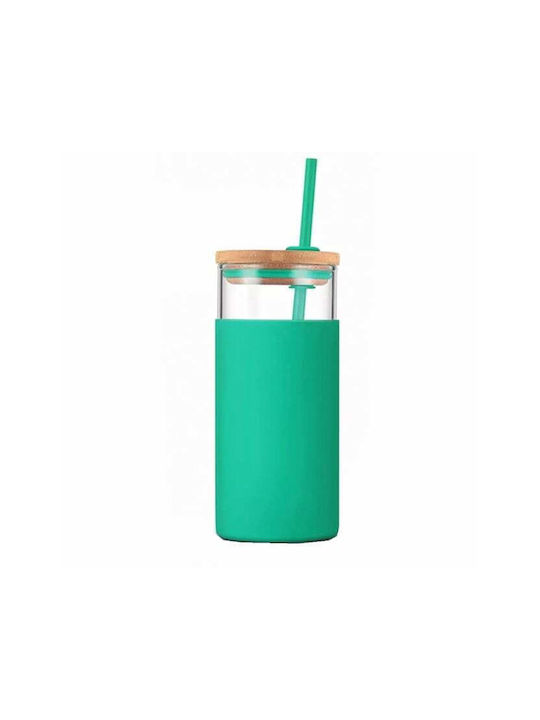 Water Glass in Green Colour with Straw 450ml