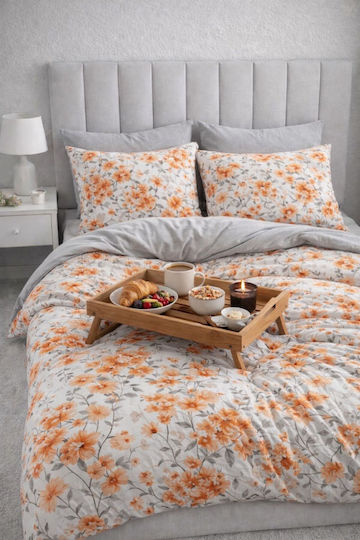 SteweHome Σετ Παπλωματοθήκη Βαμβακερή 195x230cm Ημίδιπλη με Μαξιλαροθήκη Πορτοκαλί-γκρι