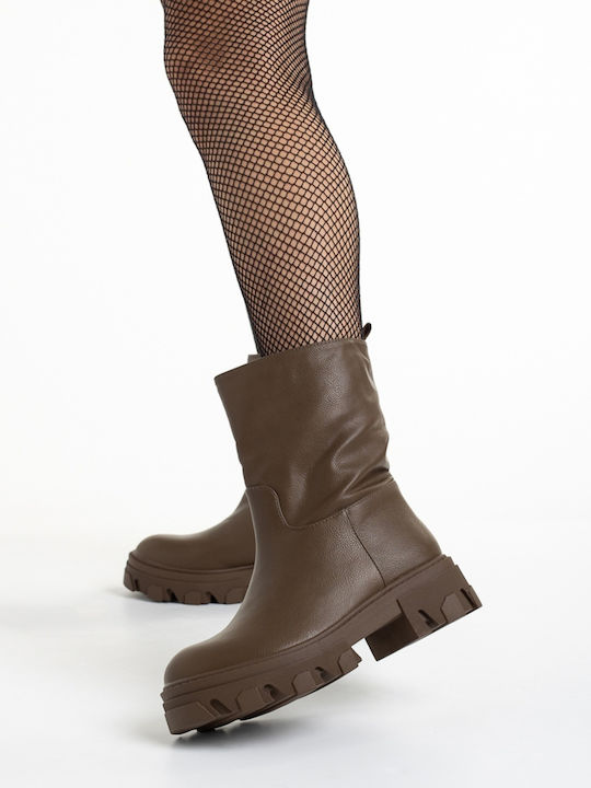 Leather Women's Ankle Boots with Platform & Fur Brown