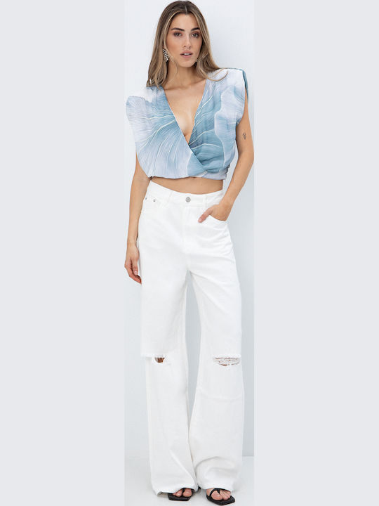 Women's Sleeveless Blouse with V-Neckline Floral