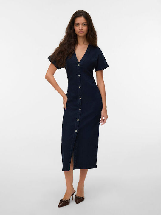 Sommer Midi Hemdkleid Denim Dunkelblau