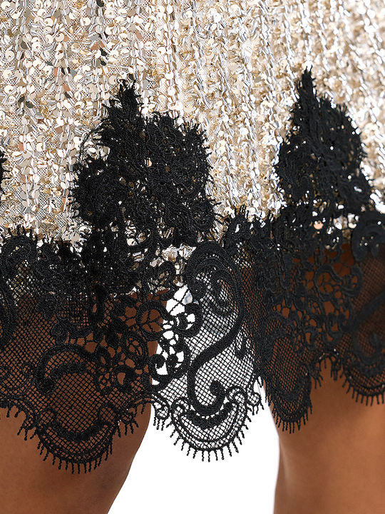 Summer Mini Evening Dress Open Back with Lace Black-Beige-Gold