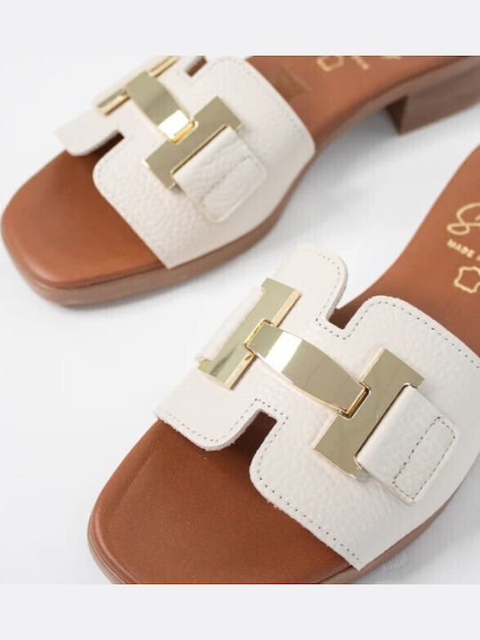 Leather Mules with Heel in Beige Color