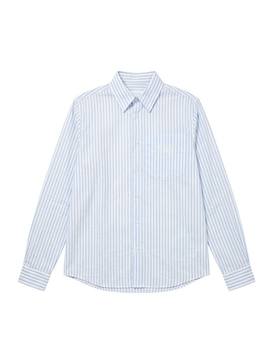 Short Sleeve Denim Shirt in Regular Fit Striped White-Light Blue