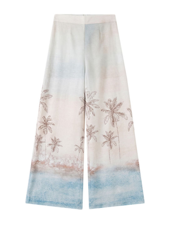 Women's High Rise Pantaloons with Rubber Band in Wide Leg Style Beige-Blue