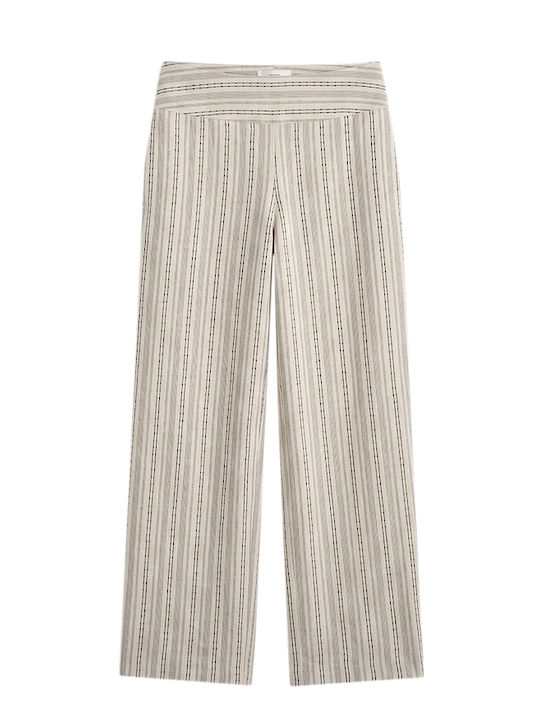 Women's Fabric Trousers in Straight Leg Style Striped Black-Beige