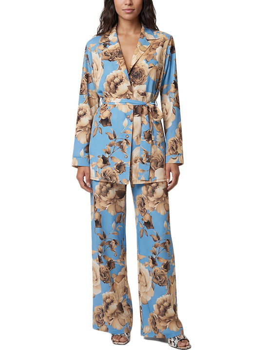 Women’s High Rise Satin Pantaloons with Rubber Band in Wide Leg Style Floral Beige-Blue