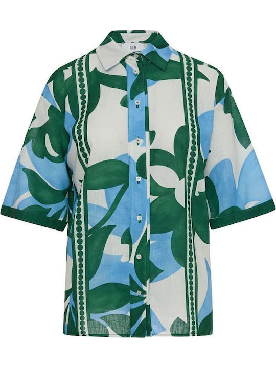Short Sleeve Women's Linen Shirt Green