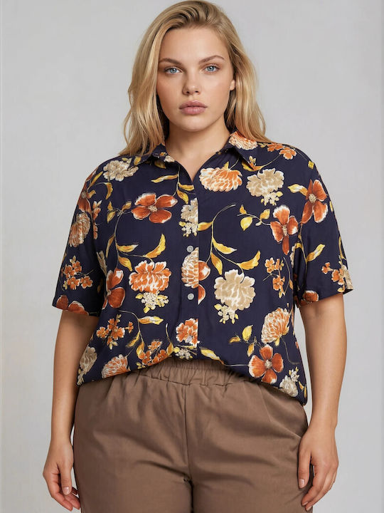 Short Sleeve Women's Denim Shirt Blue Floral
