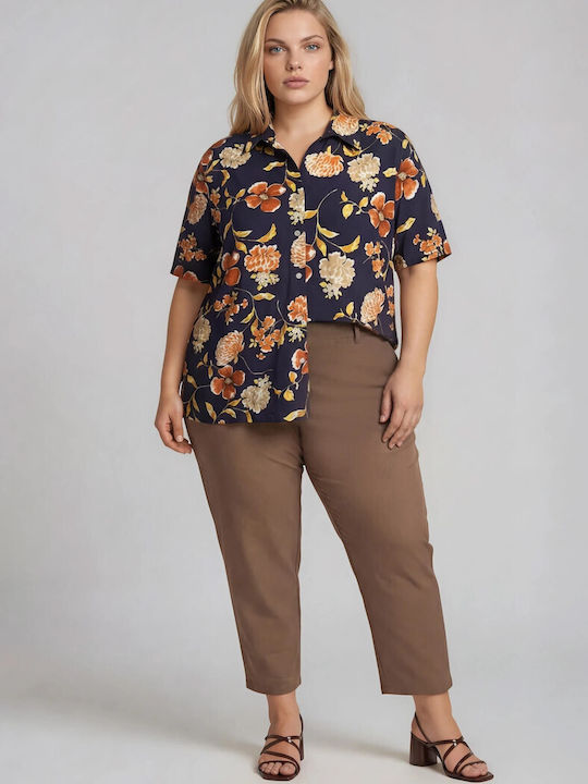 Short Sleeve Women's Denim Shirt Blue Floral