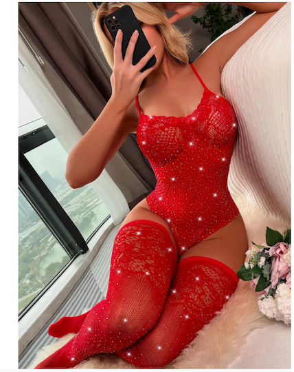 Aph Red Mesh Lingerie Set Strass Stockings Ww7238-r