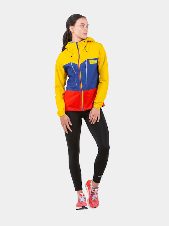 Packable Women's Jacket Running Waterproof and Windproof Dark Cobalt and Solar Yellow