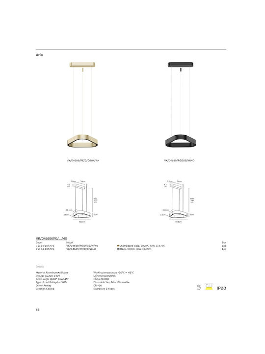 VK Lighting Black LED Pendant Ceiling Light with Warm White Light