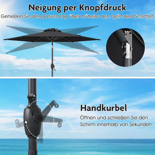 Floor Parasol Circular Metal Black with Base and LED Lighting Φ2.3m NP12190BK