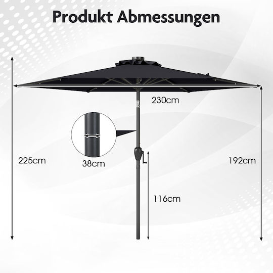 Floor Parasol Circular Metal Black with Base and LED Lighting Φ2.3m NP12190BK