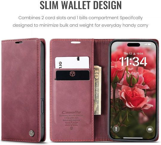 Caseme 013 iPhone 16 Ретро Кожен Калъф Книга Червен