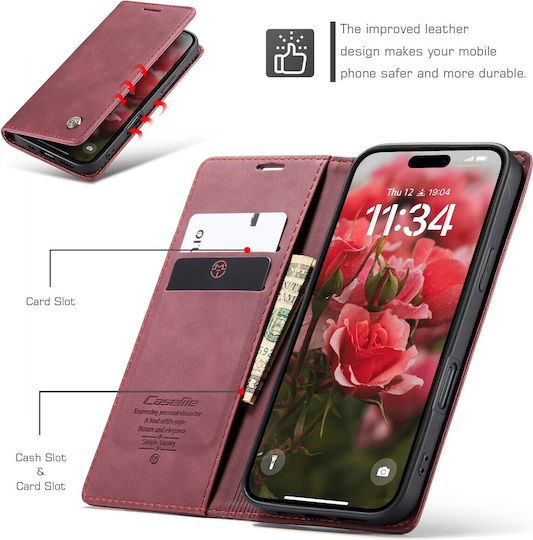 Caseme 013 iPhone 16 Ретро Кожен Калъф Книга Червен