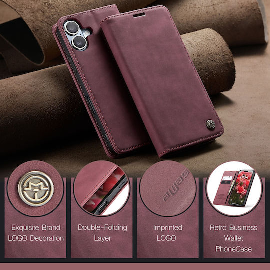 Caseme 013 iPhone 16 Ретро Кожен Калъф Книга Червен