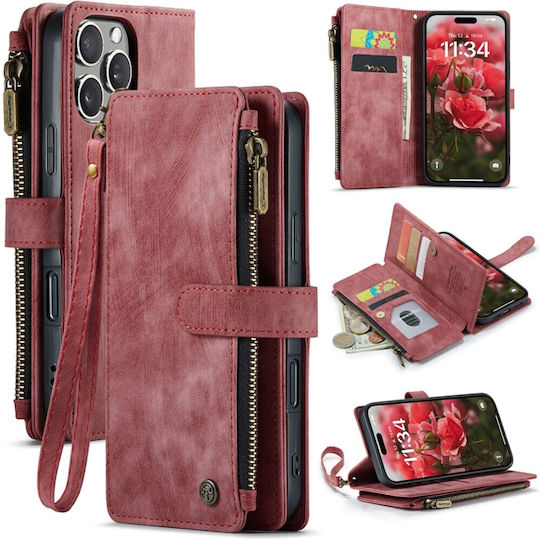 Caseme C30 Iphone 16 Pro Card Slots Zipper Leather Wallet Case Wine Red