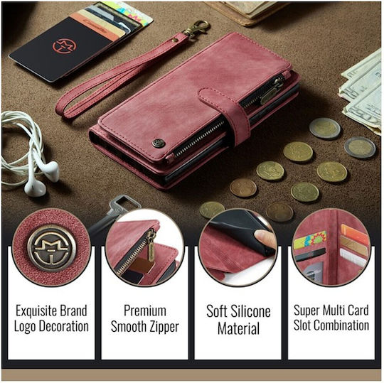 Caseme C30 Iphone 16 Pro Card Slots Zipper Leather Wallet Case Wine Red