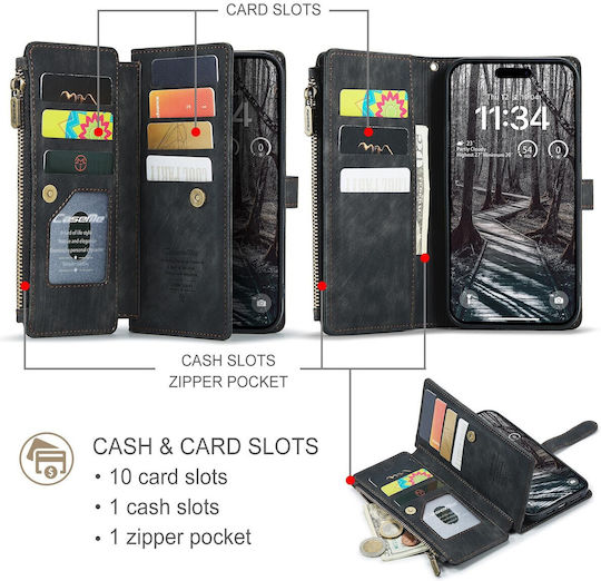 Caseme C30 Iphone 17 Pro Max Card Slots Zipper Wallet Synthetic Leather Case Black