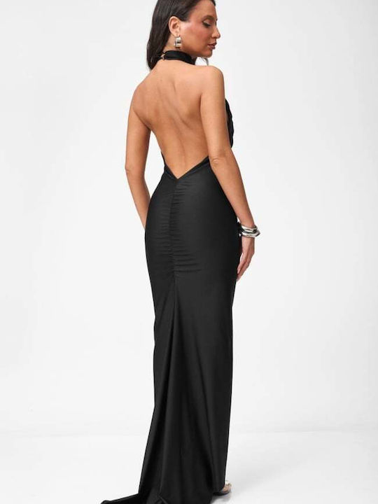 Maxi Evening Satin Open Back Dress Black