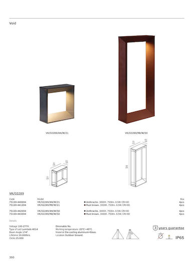 VK Lighting Wall-Mounted Outdoor LED Light IP65 8.5W with Warm White Light 50cm