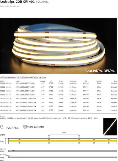VK Lighting Smart LED Strip Wi-Fi 24V Natural White Light 5m COB Type