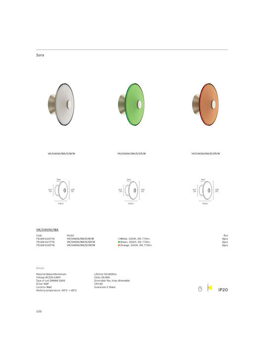 VK Lighting Φωτιστικό Τοίχου με Ενσωματωμένο LED και Θερμό Λευκό Φως Πορτοκαλί