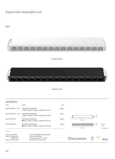 VK Lighting LED Linear Recessed Ceiling Light 15W Warm White IP20 with Adjustable Intensity W41.2xD4.9xH4.5cm
