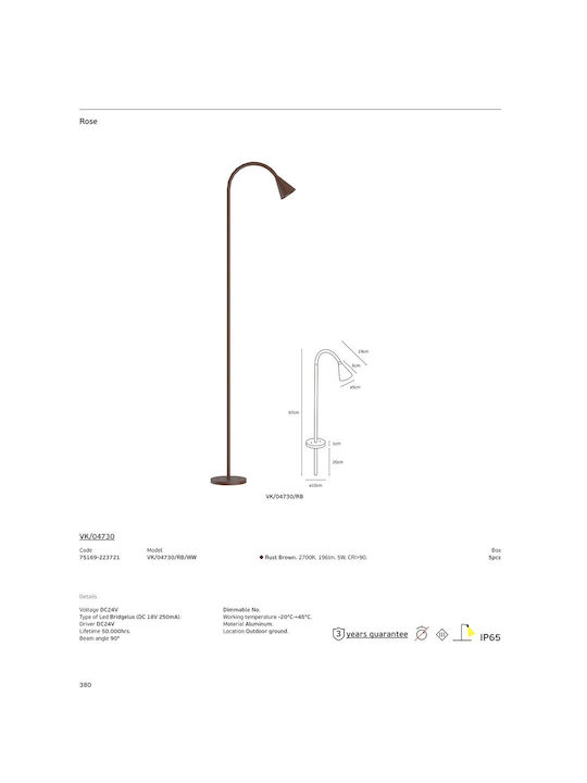 VK Lighting Outdoor LED Floor Lamp for Exterior Spaces 5W with Warm White Light IP65 Brown