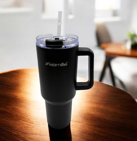 Kamille Stainless Steel Thermos Glass 1.2lt Gray with Handle Straw and Mouthpiece