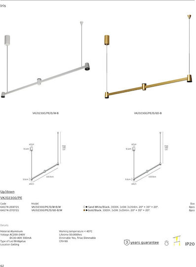 VK Lighting Висящо Тавано Осветително Тяло Златисто LED с Топло Бяла Светлина