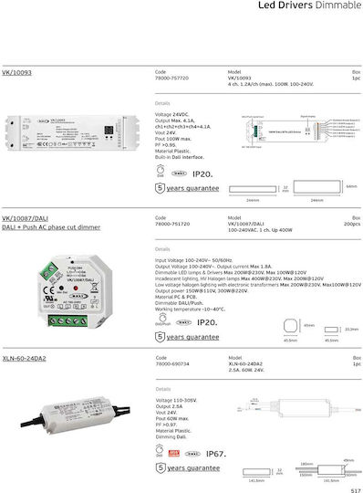VK Lighting Adjustable Dimmable LED Power Supply IP20 Power 100W with Output Voltage 24V
