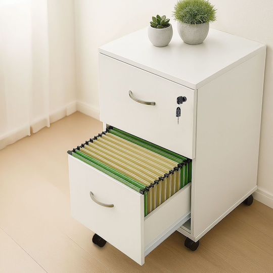Office Storage Drawer Wooden with Wheels and Lock White 72x46x43cm