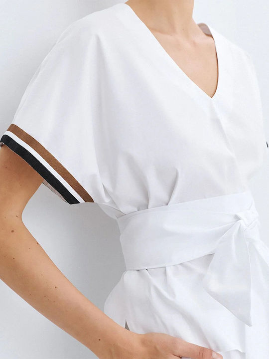 Women's Cotton Short Sleeve Blouse with V-Neckline Striped White
