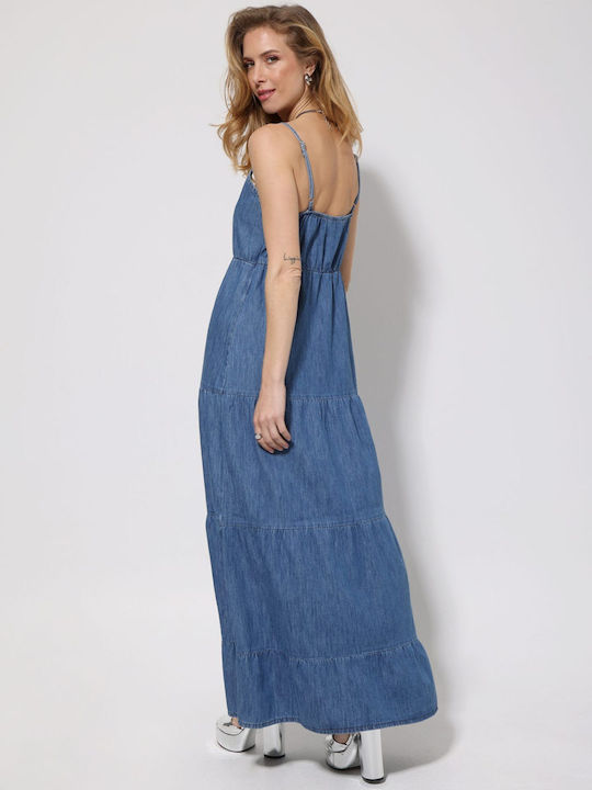 Summer Maxi Denim Dress with Ruffles Blue Jean