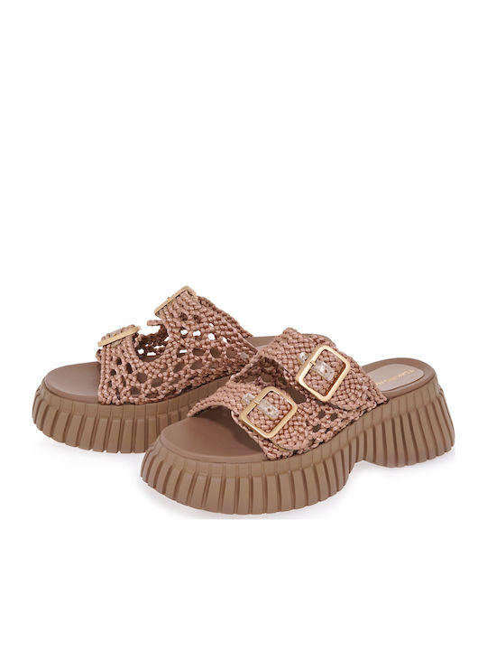 Deri Damen Flatforms Rosa Gold