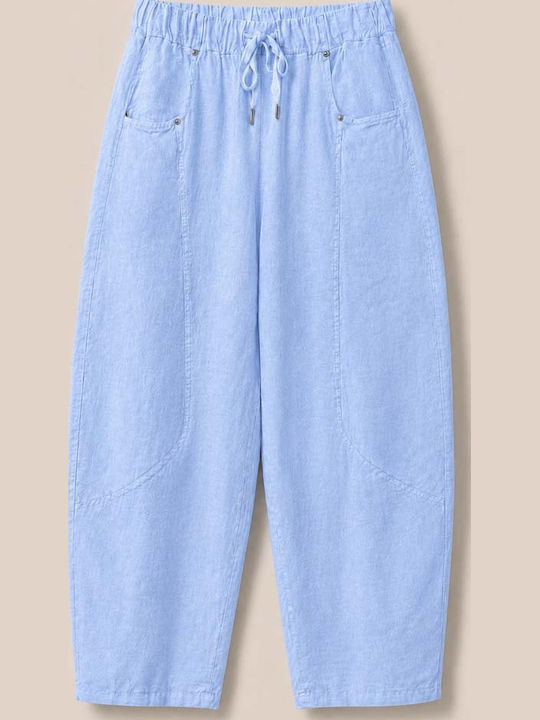 Women's Linen Pantaloons with Rubber Band in Relaxed Fit Light Blue