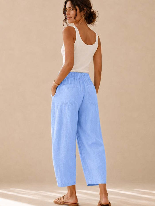 Women's Linen Pantaloons with Rubber Band in Relaxed Fit Light Blue