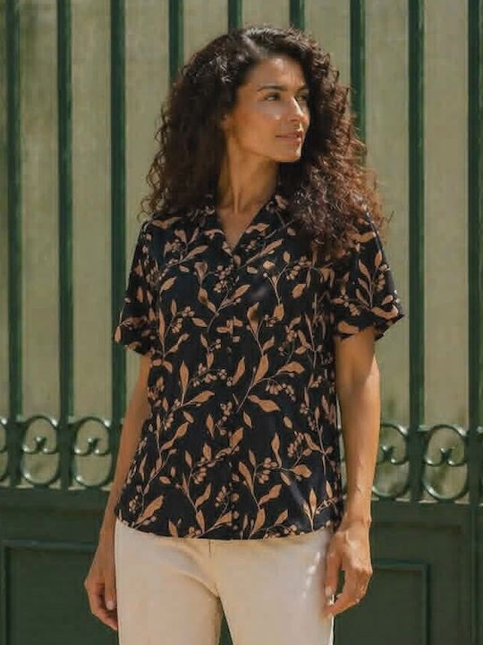 Short Sleeve Women's Denim Shirt Black Floral