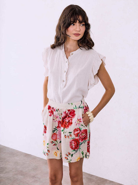 Celestino Women's Floral Cotton Beige Shorts
