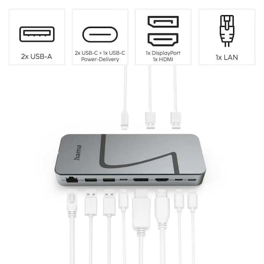 HAMA Connect2Office Speed USB-C Докинг Станция с HDMI/DisplayPort 4K PD Ethernet и Свързване на 3 Монитора Сива