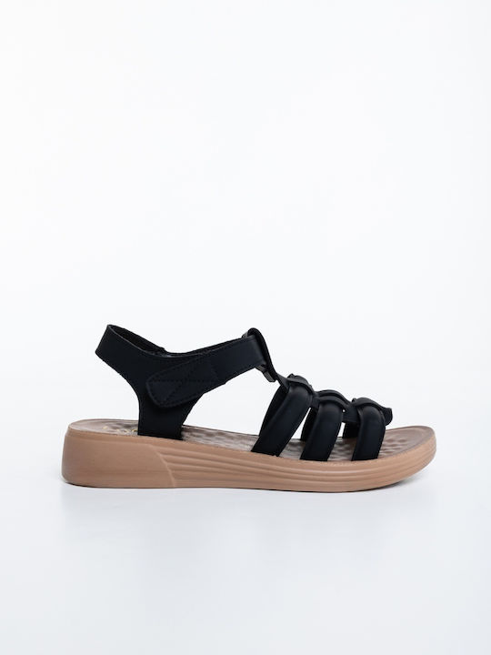 Deri Damen Flache Sandalen Schwarz