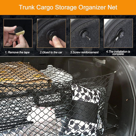 Car Trunk Organizer Net 110x40cm Support Hooks Black